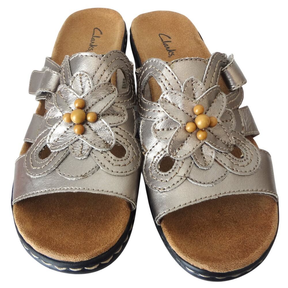 Clarks Lexi Silver Leather Beaded Wedge Sandals Low Heel Beaded Womens 9.5